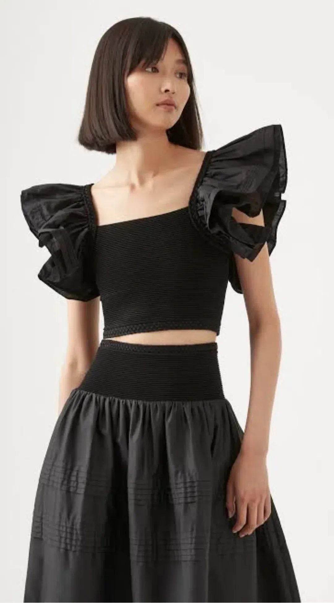 Aje Corinne Knit Bodice Crop Top and Rosalie Knit Waist Midi Skirt Set in Black Size XL / AU 16 for rent on The Volte - main image