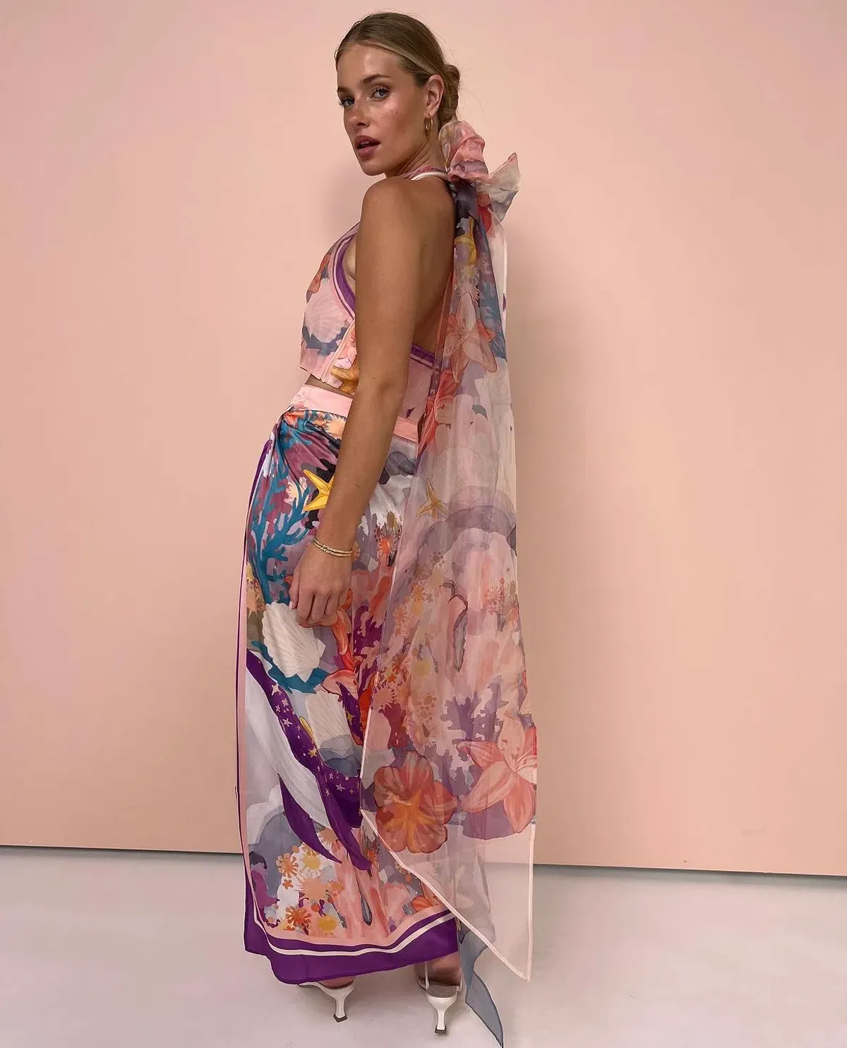 Leo Lin Evie Halter Bow Tie Top and Estella Wrap Midi Skirt in Neptune Print in Coral Set Size 6 - Image 3