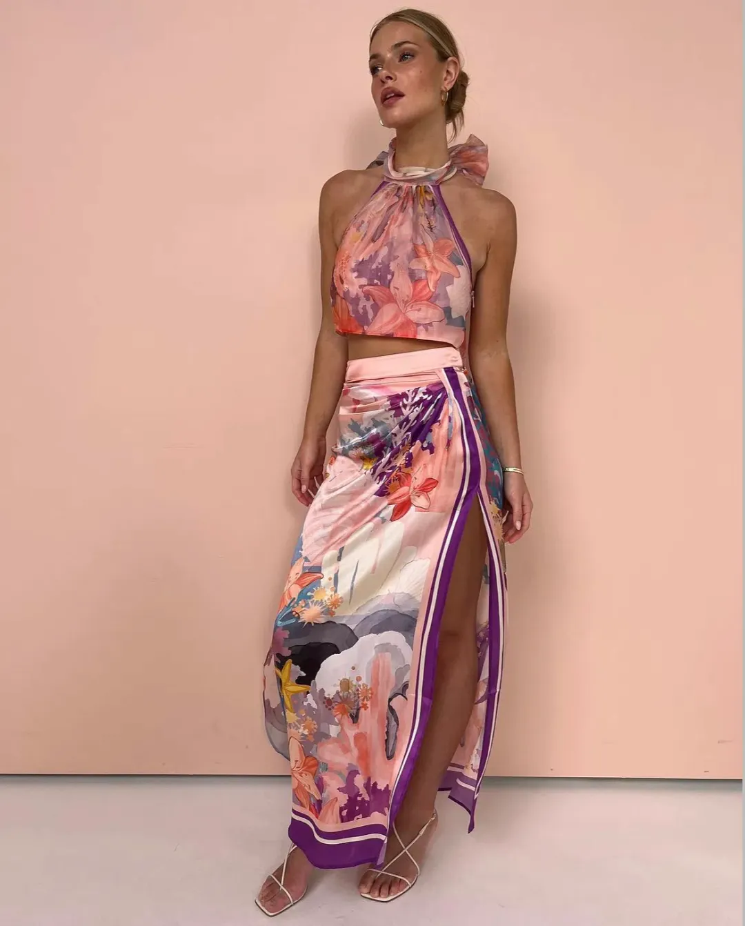 Leo Lin Evie Halter Bow Tie Top and Estella Wrap Midi Skirt in Neptune Print in Coral Set Size 6 for rent on The Volte - main image