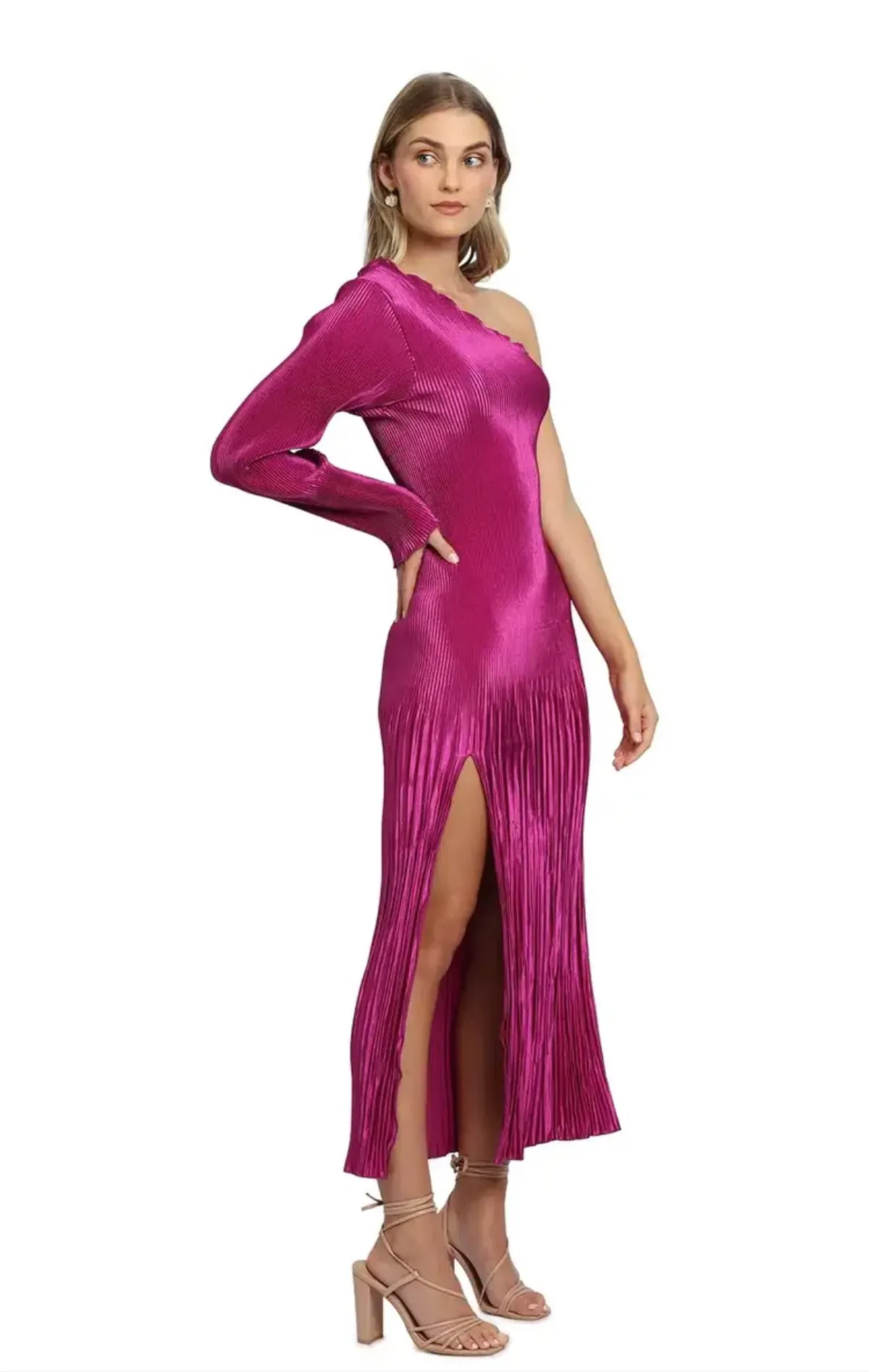L’idée Soirée One Shoulder Long Sleeve Dress in Magenta Pink Size AU 8 - Image 5