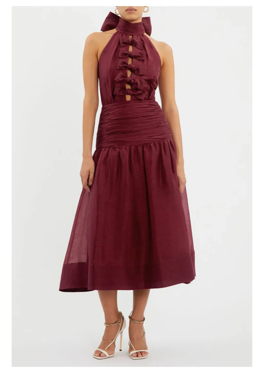 Rebecca Vallance Bordeaux Bow Midi Dress Ox Blood Size 8 for rent on The Volte - main image