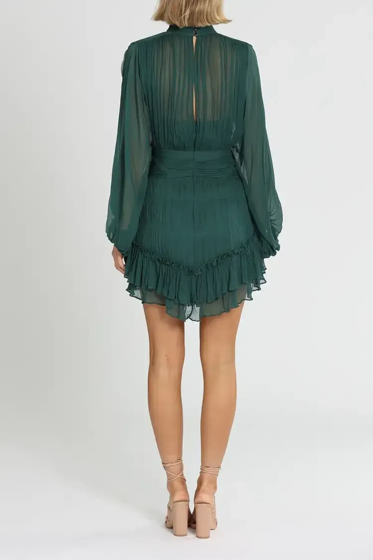 Shona Joy Leonie Long Sleeve Ruched Mini Dress in Green Size 10 - Image 3