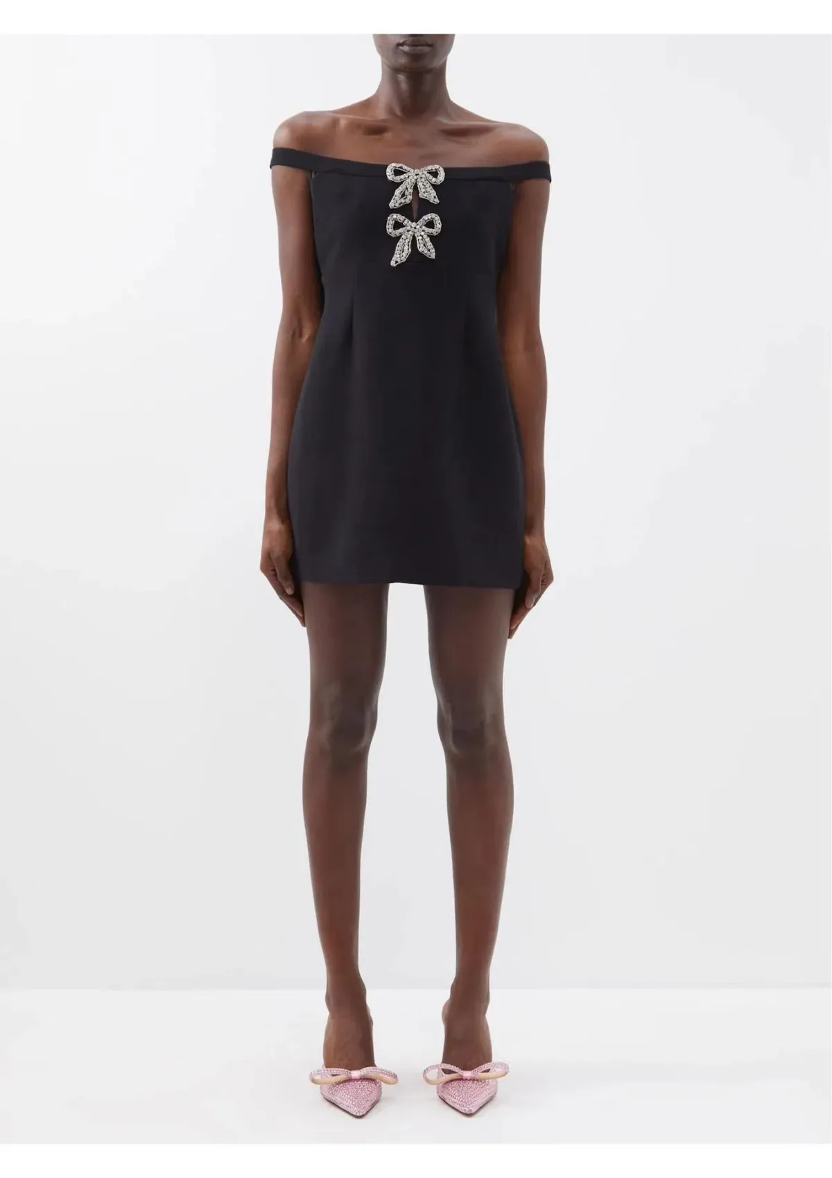 Self-Portrait Off Shoulder Crystal Embellished Bow Tie Crepe Mini Dress Black Size 8 - Image 1