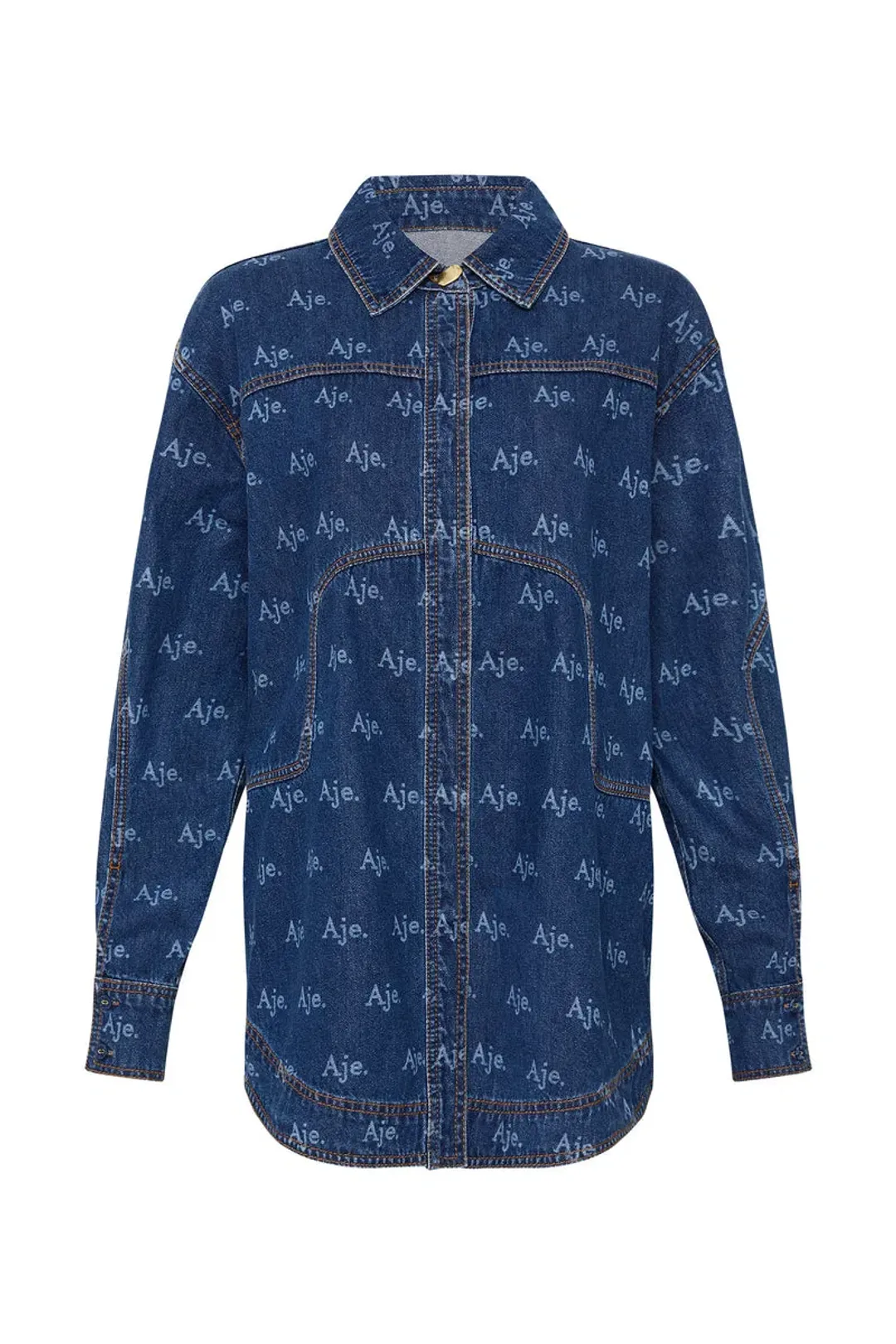 Aje Ratio Logo Denim Shirt and Mini Skirt Set Logo Wash Blue Size 16 for rent on The Volte - main image