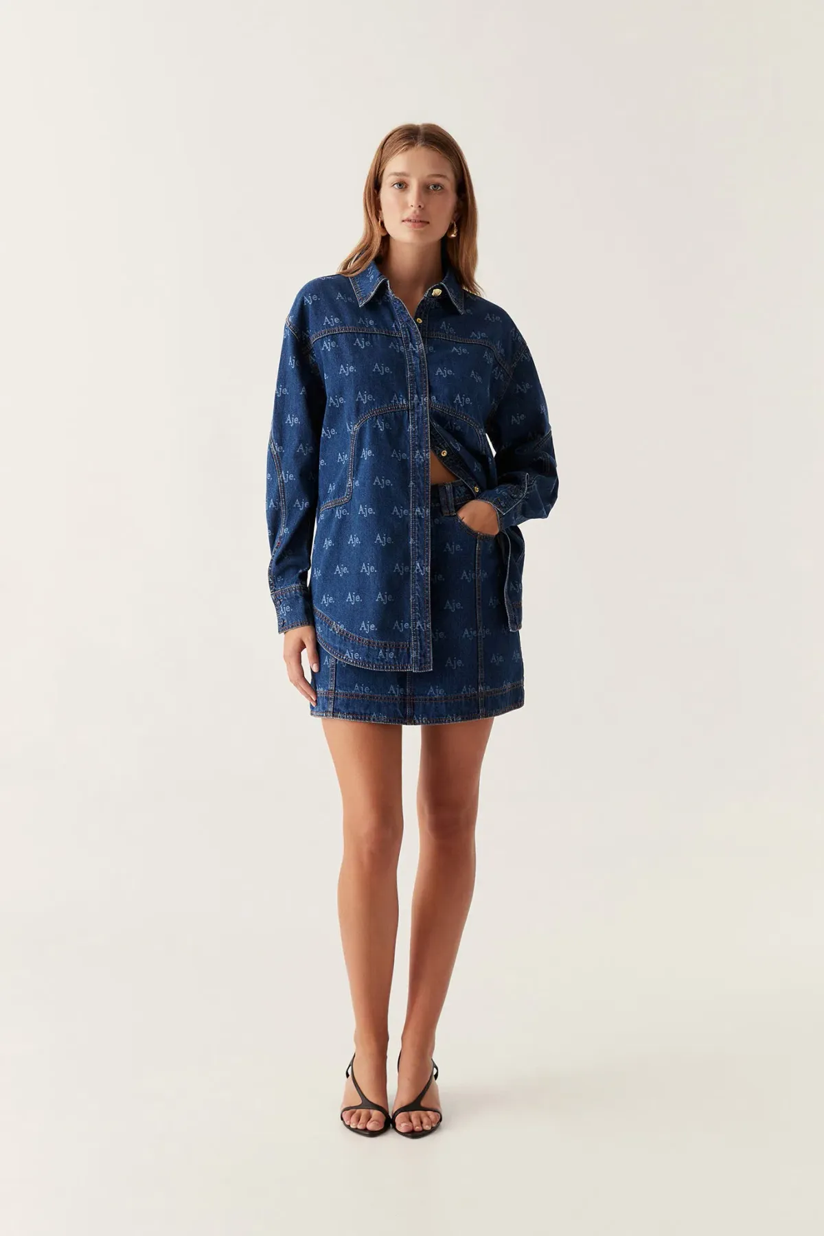 Aje Ratio Logo Denim Shirt and Mini Skirt Set Logo Wash Blue Size 16 - Image 1