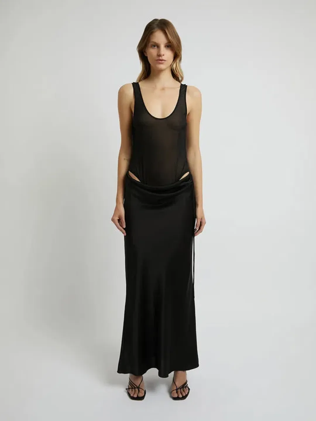 Christopher Esber Sheer Torso Cowl Tank Dress Charcoal Size 6 for rent on The Volte - main image