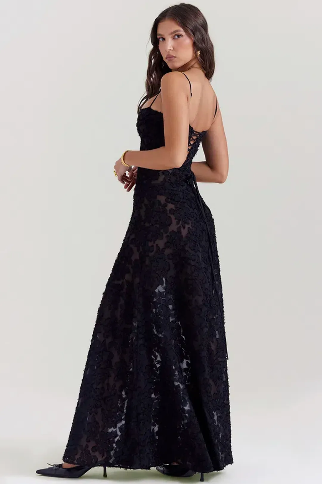 House Of CB Seren Floral Lace Back Maxi Dress Black  Size S/Au 8 for rent on The Volte - main image