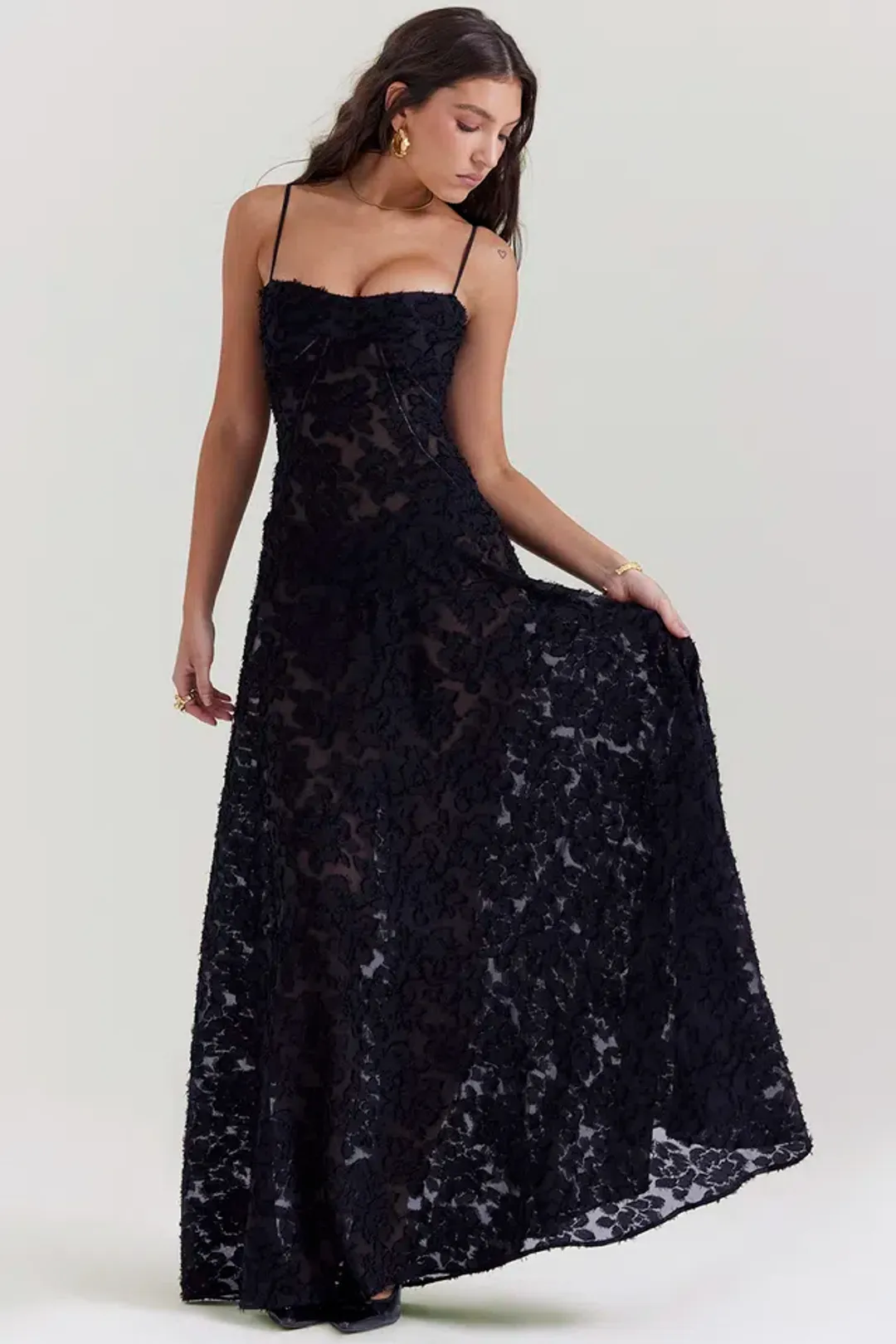 House Of CB Seren Floral Lace Back Maxi Dress Black  Size S/Au 8 for rent on The Volte - main image