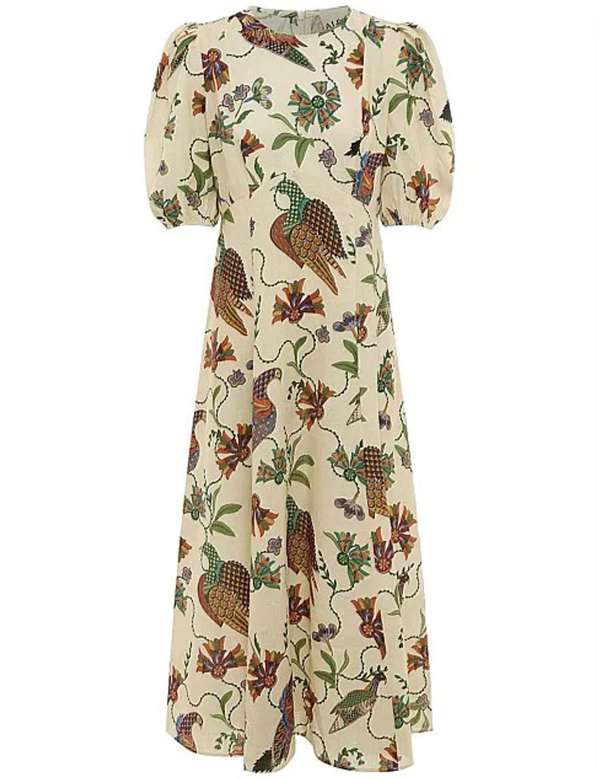 Alemais Birdie Puff-Sleeve Printed Linen Midi Dress Ivory/Print Size 16 - Image 4