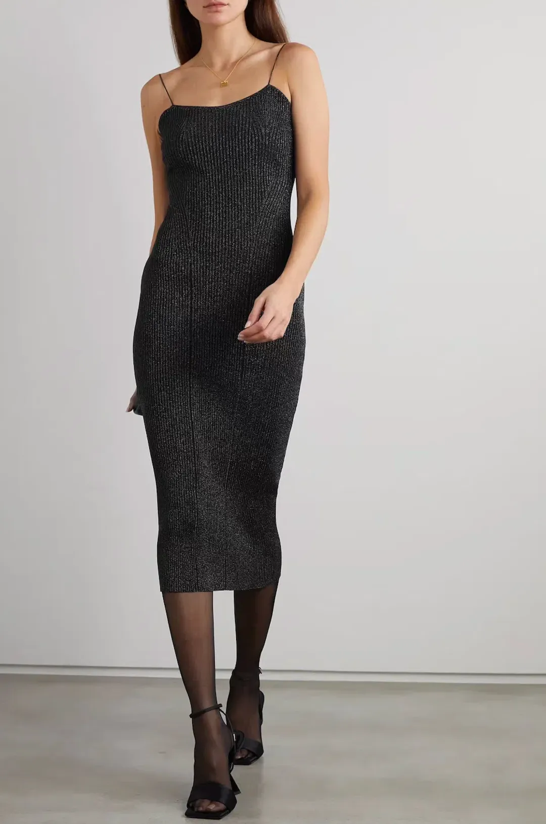 Khaite Pilar Metallic Ribbed Knit Midi Dress Black Size 6 for rent on The Volte - main image