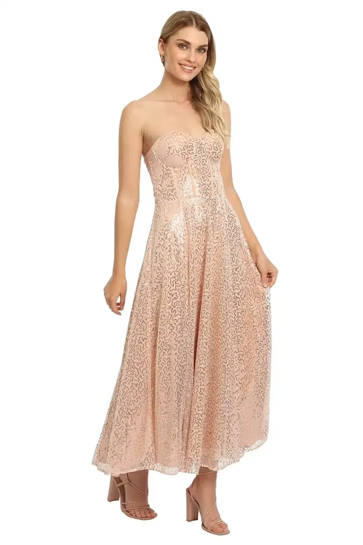 Elle Zeitoune Lana Bustier Midi Dress in Rose Gold Size 16 - Image 2