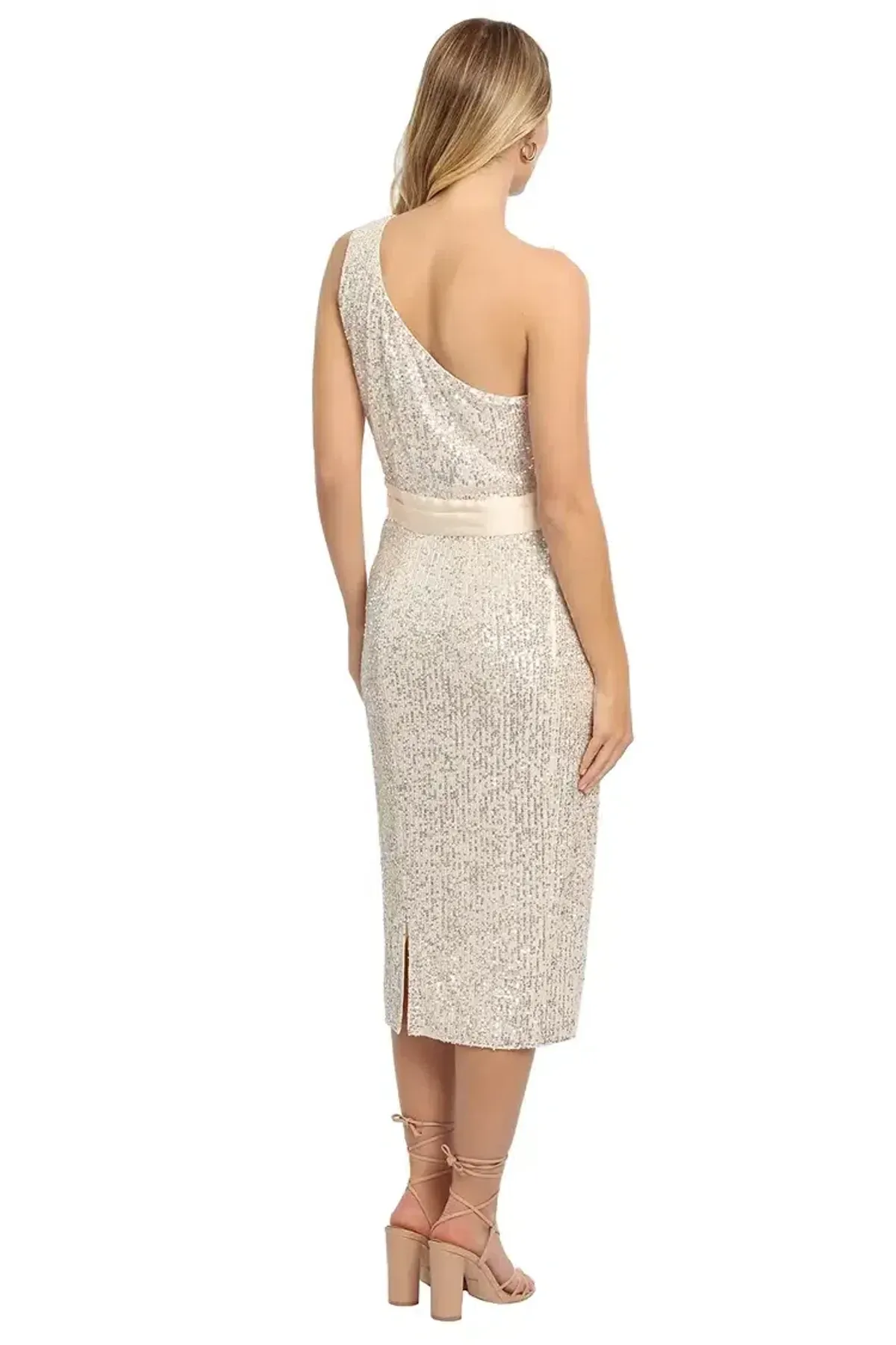 Elle Zeitoune Allene Sequin One Shoulder Midi Dress in Silver Size 10 - Image 3