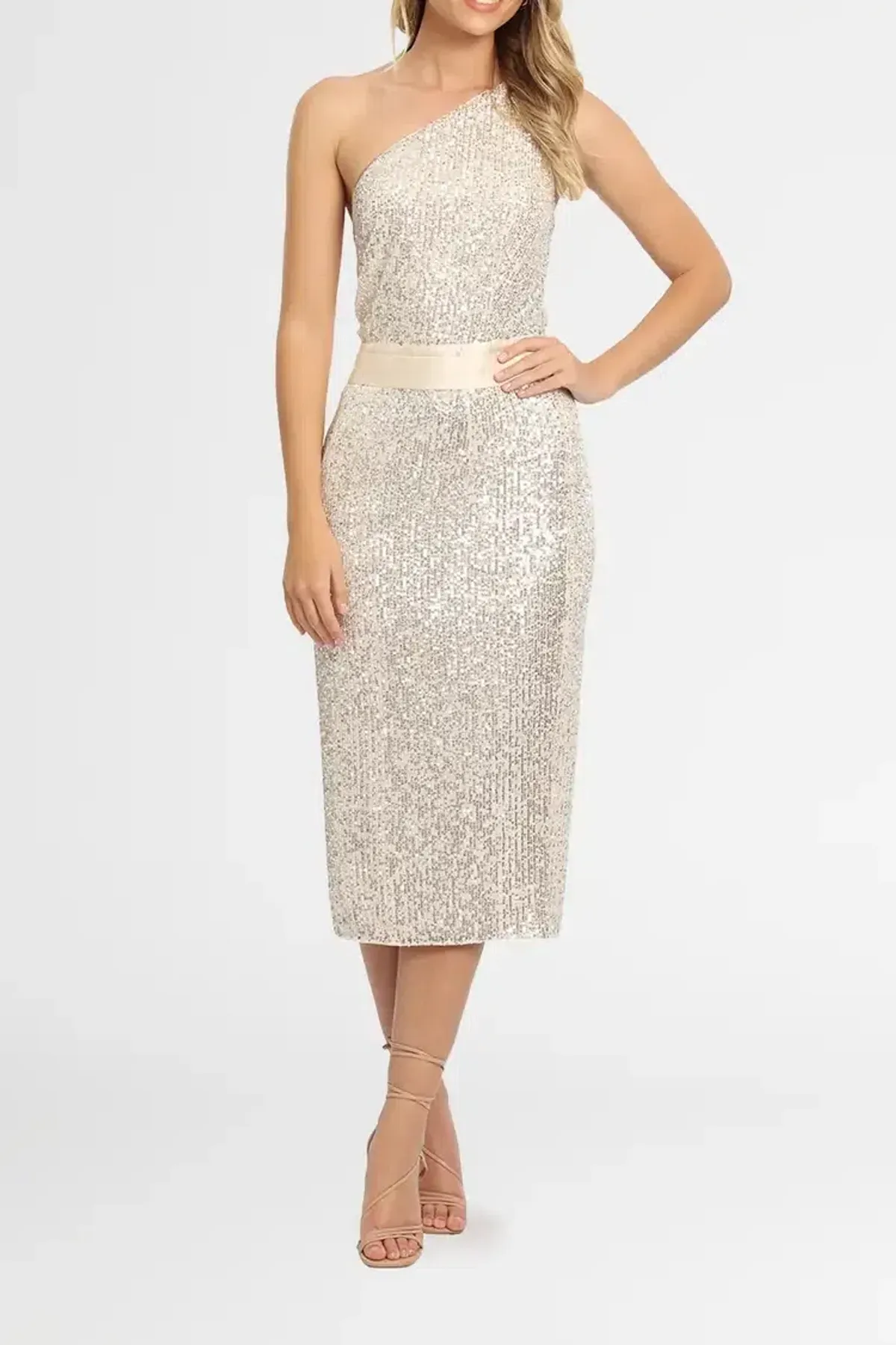 Elle Zeitoune Allene Sequin One Shoulder Midi Dress in Silver Size 8 - Image 4