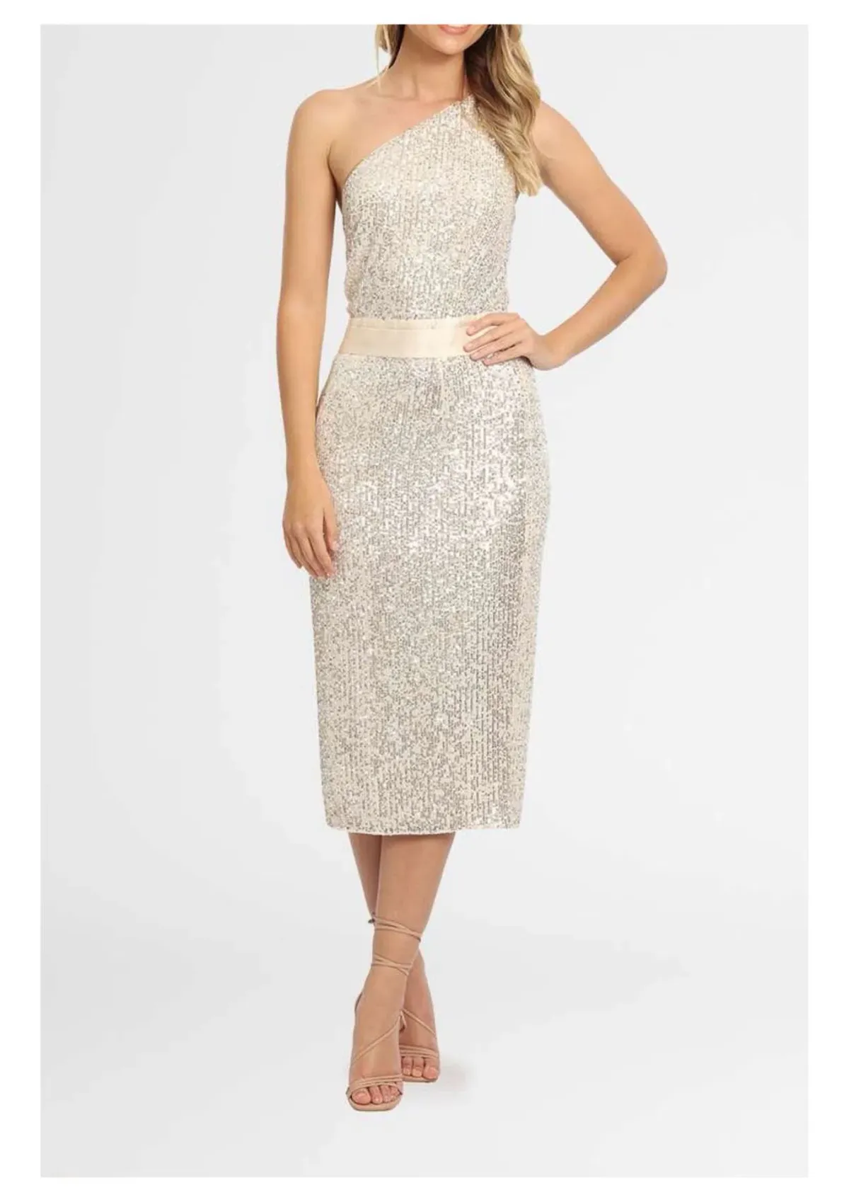 Elle Zeitoune Allene Sequin One Shoulder Midi Dress in Silver Size 8 - Image 1