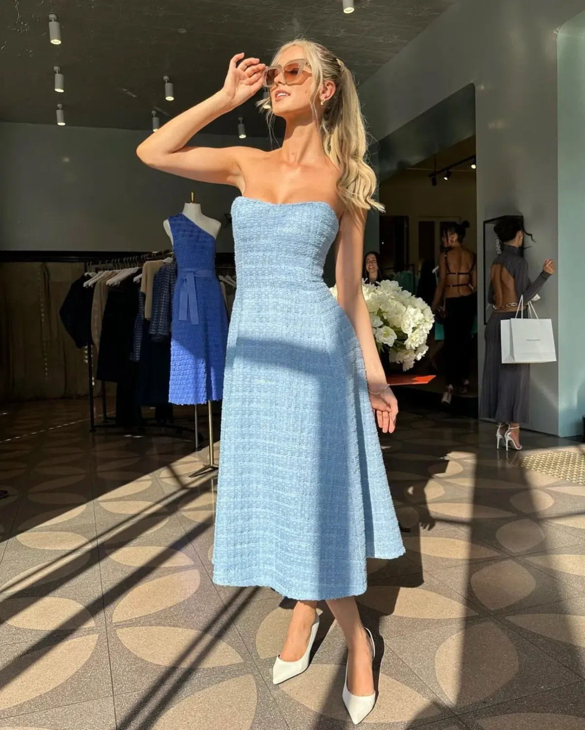 Scanlan Theodore Tweed Boucle Midi Dress Pale Blue Size 8 - Image 2