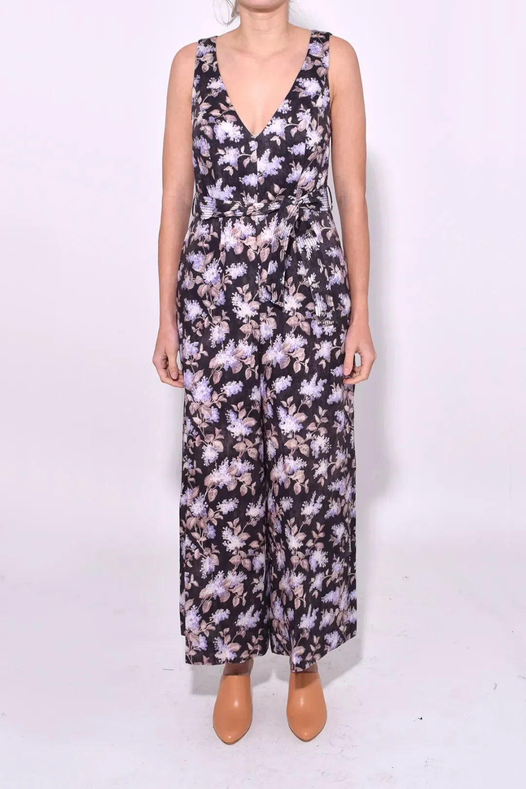 Zimmermann Stranded Jumpsuit Black Lavender Floral Size 0/AU 6 for rent on The Volte - main image