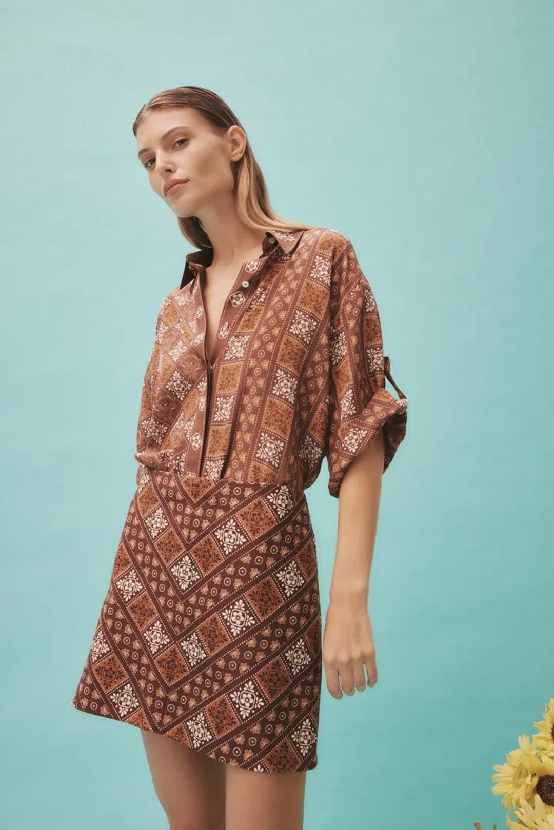 Alemais Carmella Shirt And Mini Skirt Set Brown/Print Size 8 for rent on The Volte - main image