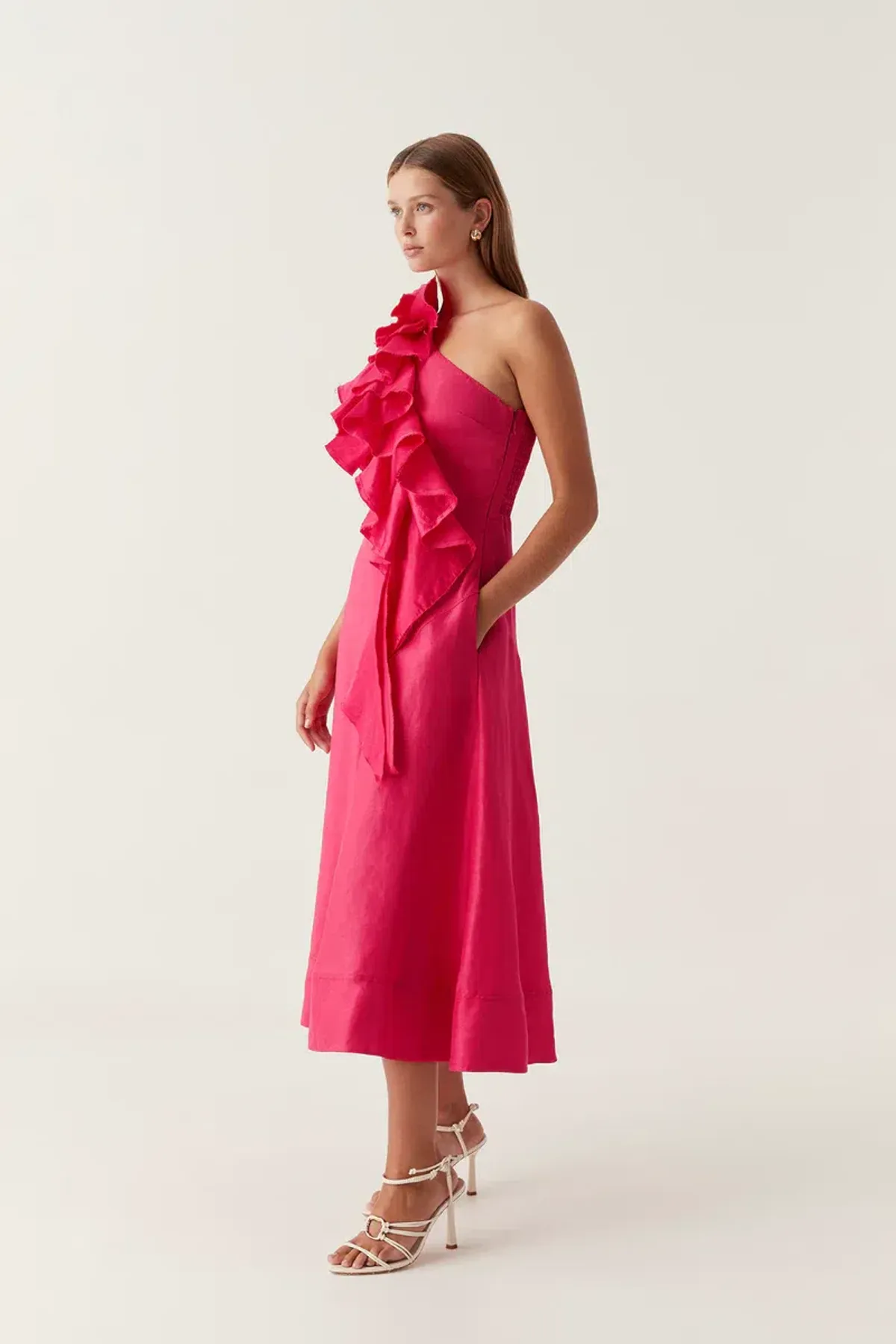 Aje Adelia Ruffle Midi Dress Pink Size 10 - Image 2
