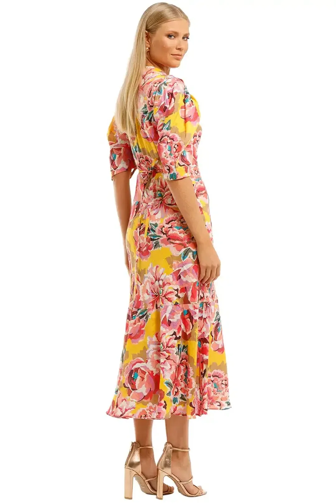 Ginger & Smart Flourish Wrap Midi Dress in Yellow Floral Size 8 for rent on The Volte - main image