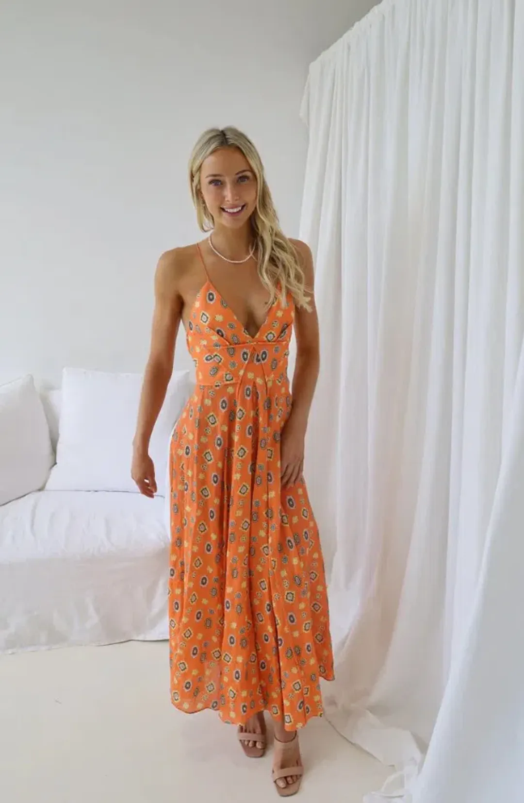 Scanlan Theodore Foulard Linen Strappy Dress Tangerine Orange Floral Size S / AU 8 for rent on The Volte - main image