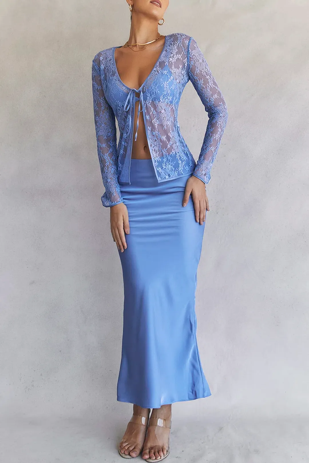 House of CB Phoebe Top & Clara Skirt Set Blue Size L/Au 12 for rent on The Volte - main image