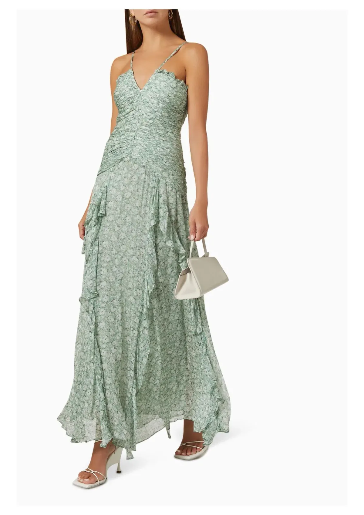 Shona Joy Aurore Ruched Frill Maxi Dress Green Floral Size AU 6 - Image 1