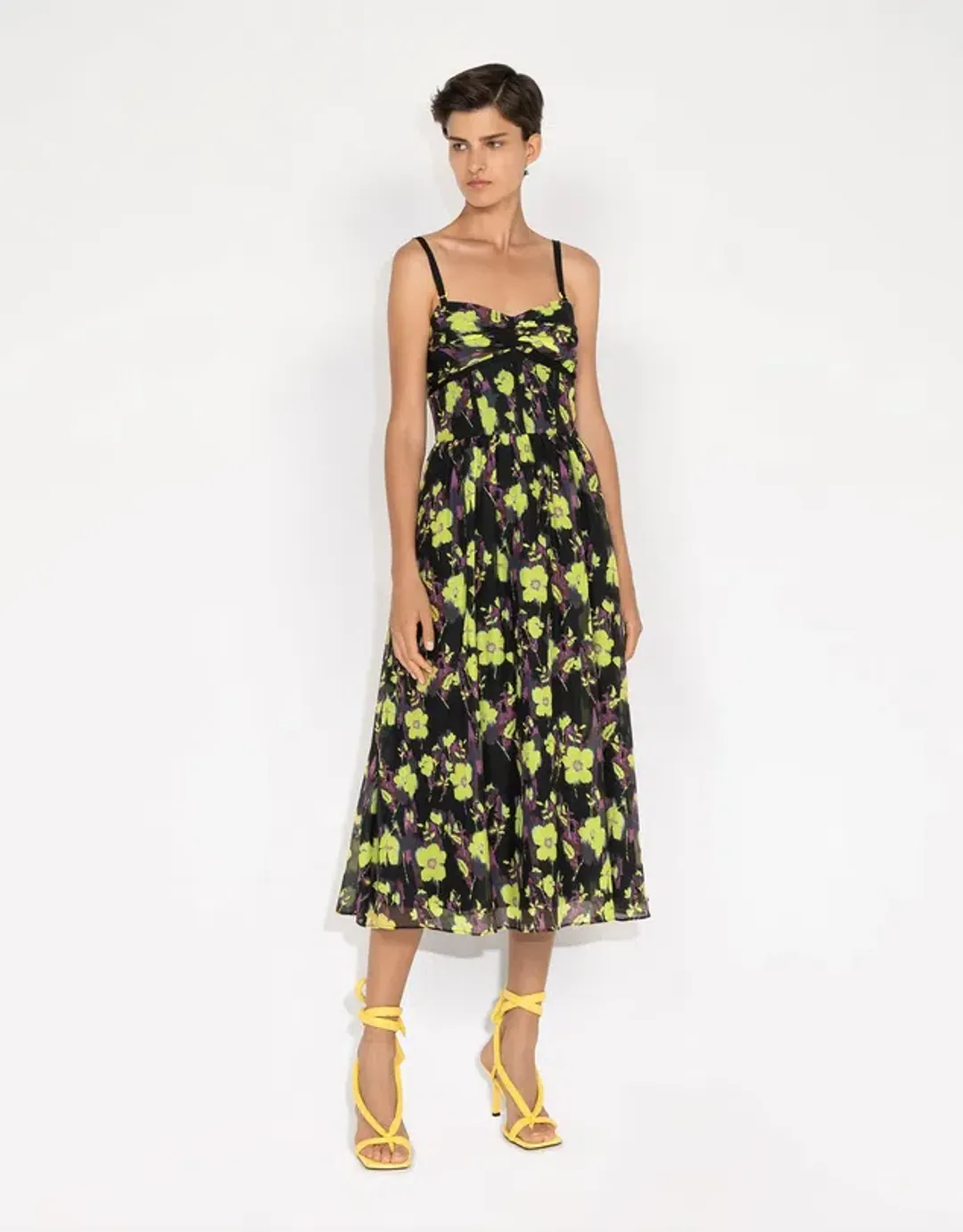 Cue Neon Rose Ruched Bodice Midi Dress Floral Size 8 for rent on The Volte - main image