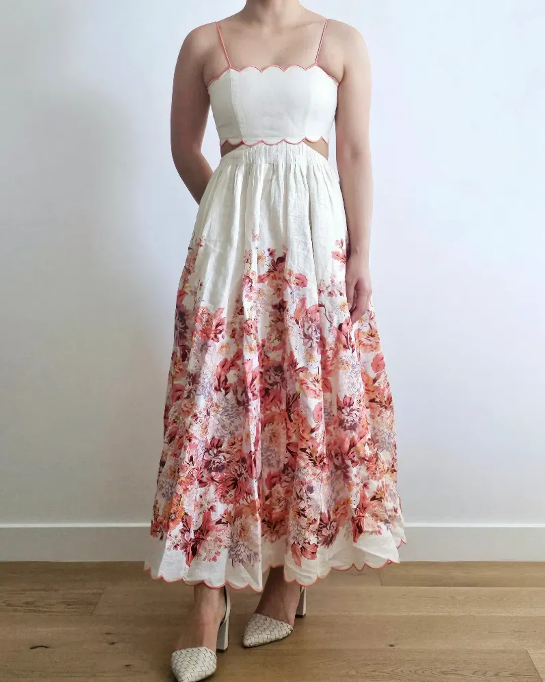 Zimmermann The Devi Scallop Midi Dress in Cream Floral Size 0 /Au 8 for rent on The Volte - main image
