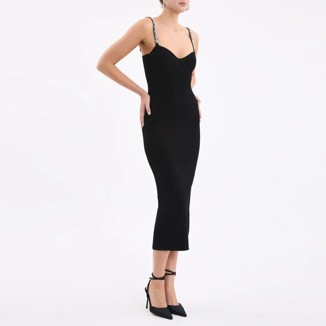 Rebecca Vallance Adele Knit Midi Dress Black Size 8  for rent on The Volte - main image