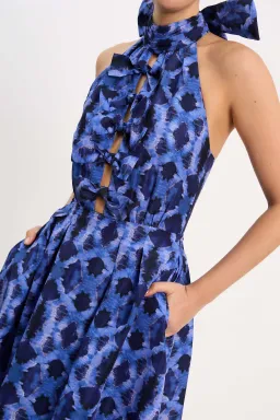 Rebecca Vallance Shiloh Halter Midi Dress Blue Print Size 14 for rent on The Volte - image 3