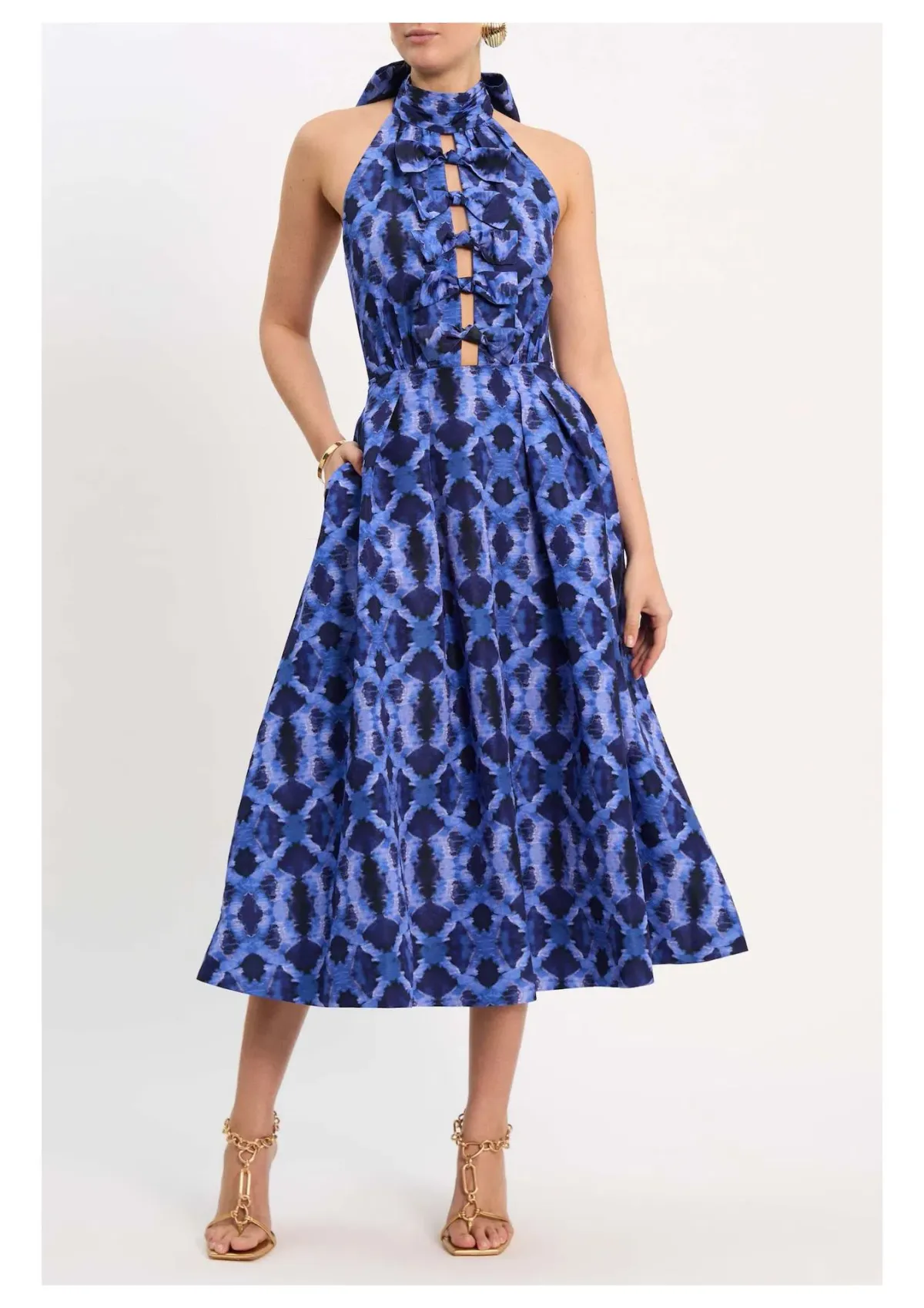 Rebecca Vallance Shiloh Halter Midi Dress Blue Print Size 14 - Image 2
