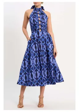 Rebecca Vallance Shiloh Halter Midi Dress Blue Print Size 14 for rent on The Volte - image 2