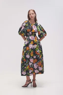 Aje Mimosa Cutout Midi Dress Puff Sleeves Midnight Floral Size AU 10  for rent on The Volte - image 1
