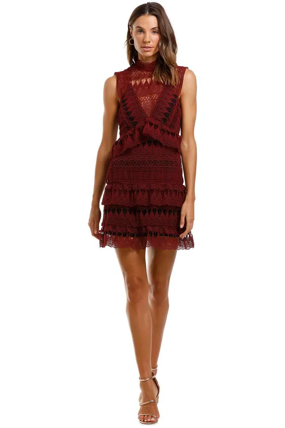 Self Portrait Teardrop Guipure Lace Mini Dress Burgundy Size 6  - Image 1
