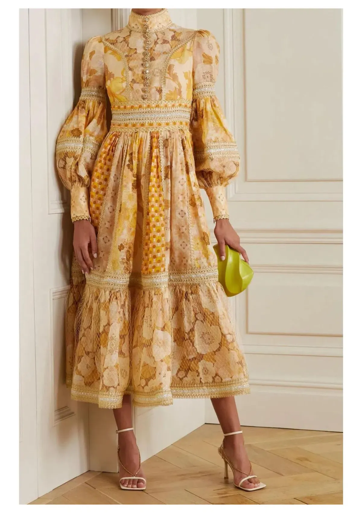 Zimmermann Tempo Spliced Trim Gown Gold Mixed Print Size 16 - Image 1