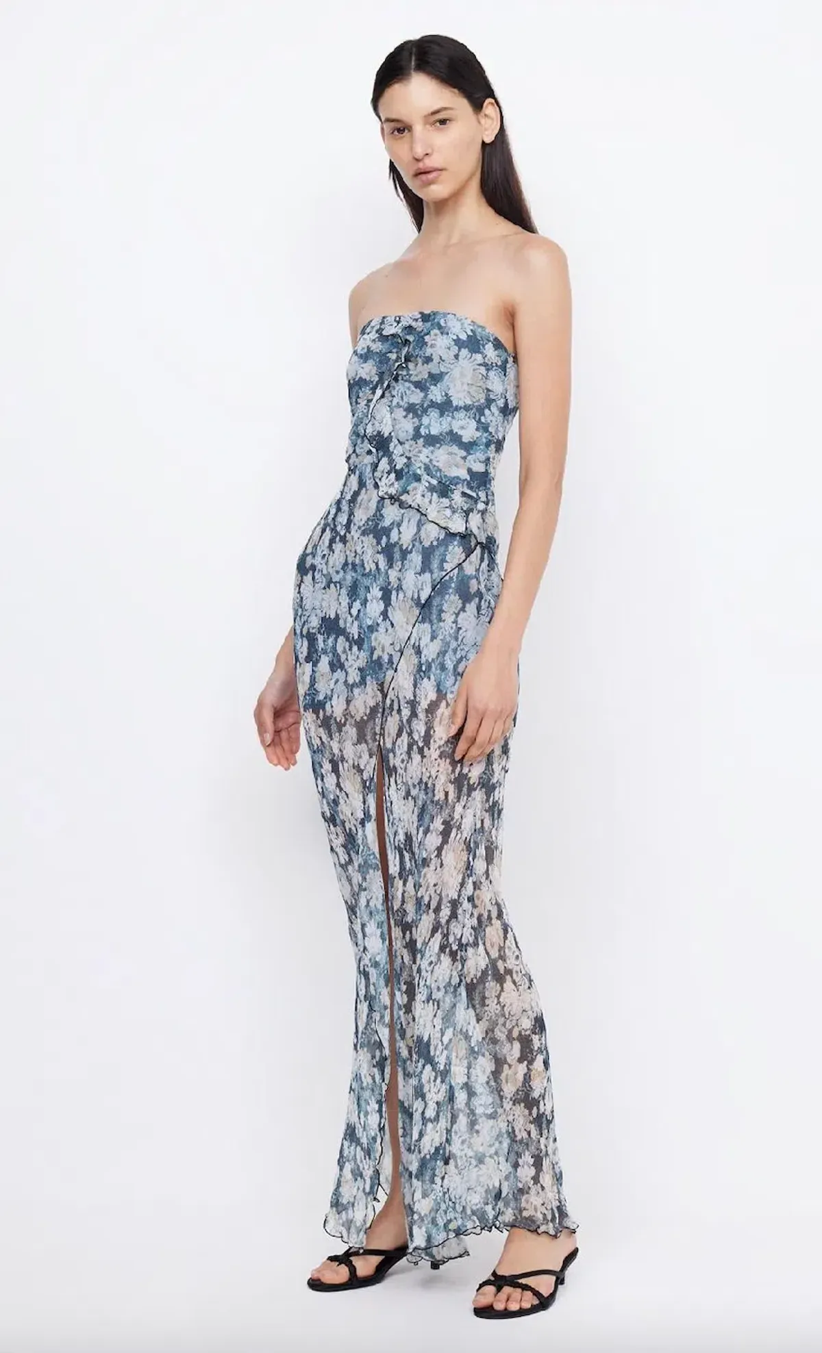 Bec & Bridge Opal Strapless Frill Ruffle Maxi Dress Denim Floral Size AU 8  - Image 2