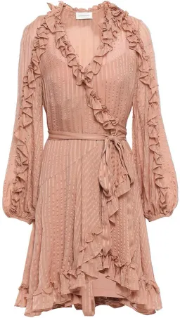 Zimmermann Cascade Ruffle Trimmed Silk Jacquard Mini Wrap Dress Pink Size 8 for rent on The Volte - image 2