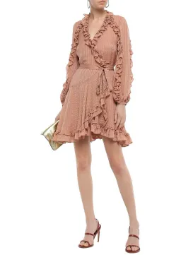 Zimmermann Cascade Ruffle Trimmed Silk Jacquard Mini Wrap Dress Pink Size 8 for rent on The Volte - image 1