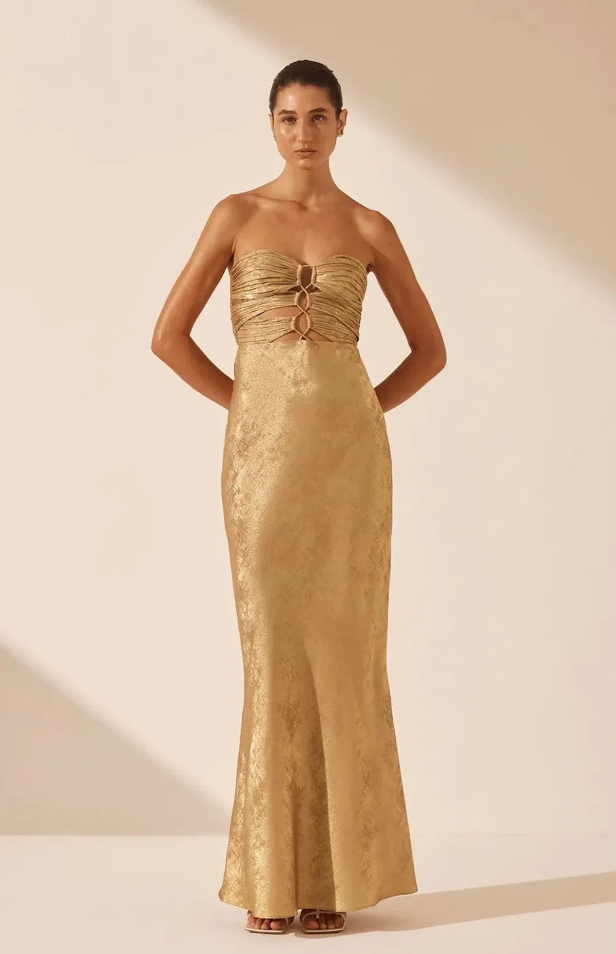 Shona Joy Royale Strapless Lace Up Maxi Dress Gold Size 10 - Image 4