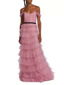 Marchesa Notte Off-the-shoulder Tiered Tulle Gown Pink Size AU 8 for rent on The Volte - image 3