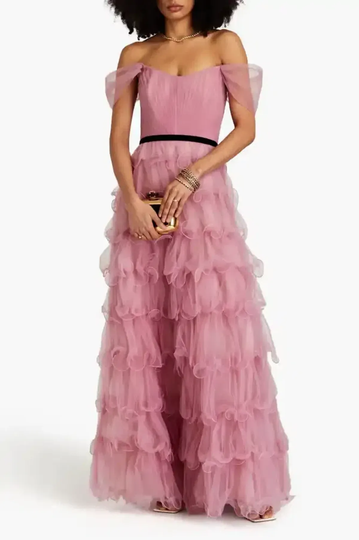 Marchesa Notte Off-the-shoulder Tiered Tulle Gown Pink Size AU 8 - Image 1