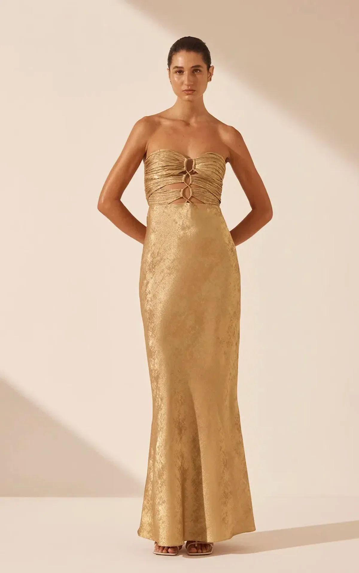 Shona Joy Royale Strapless Lace up Maxi Dress Gold Size 6 - Image 2