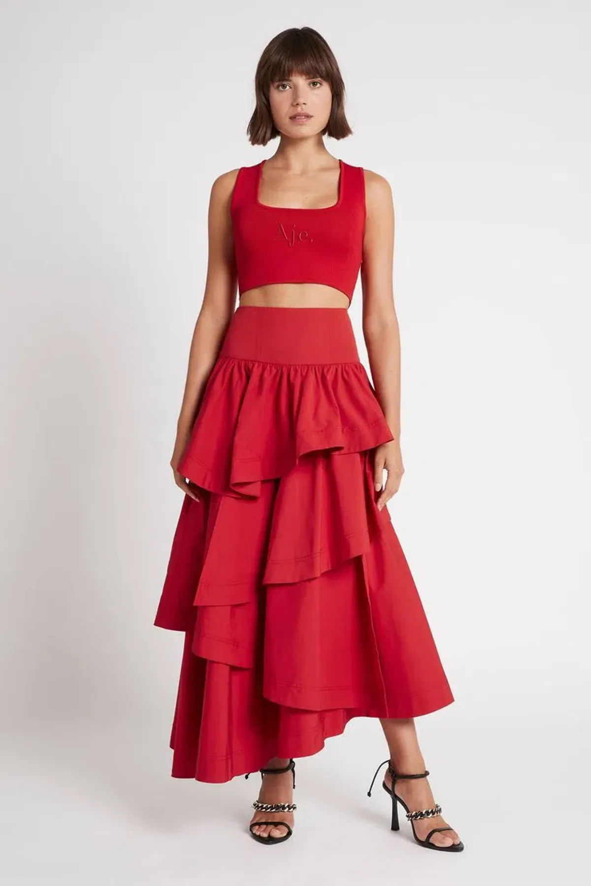 Aje Cosmos Tiered Frill Midi Skirt Red Size 8 - Image 4