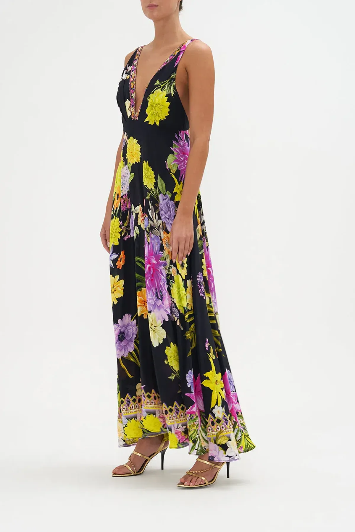 Camilla Peace Be With You Plunge Neck Maxi Dress Black Floral Size 10 - Image 2