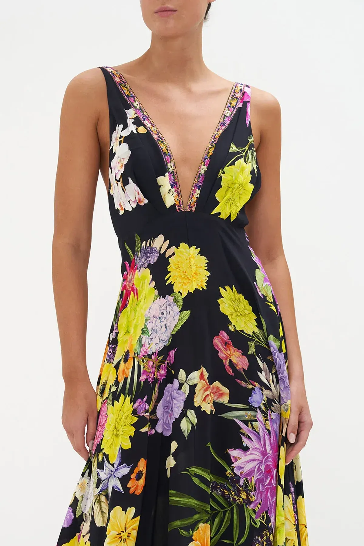 Camilla Peace Be With You Plunge Neck Maxi Dress Black Floral Size 10 - Image 4