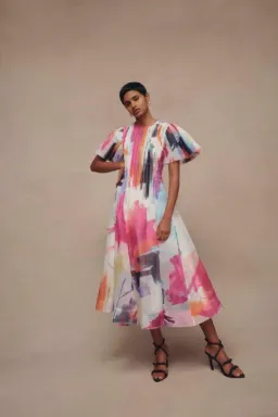 Aje Nova Pleated Midi Dress in Abstract Sunset Size 6 for rent on The Volte - image 3