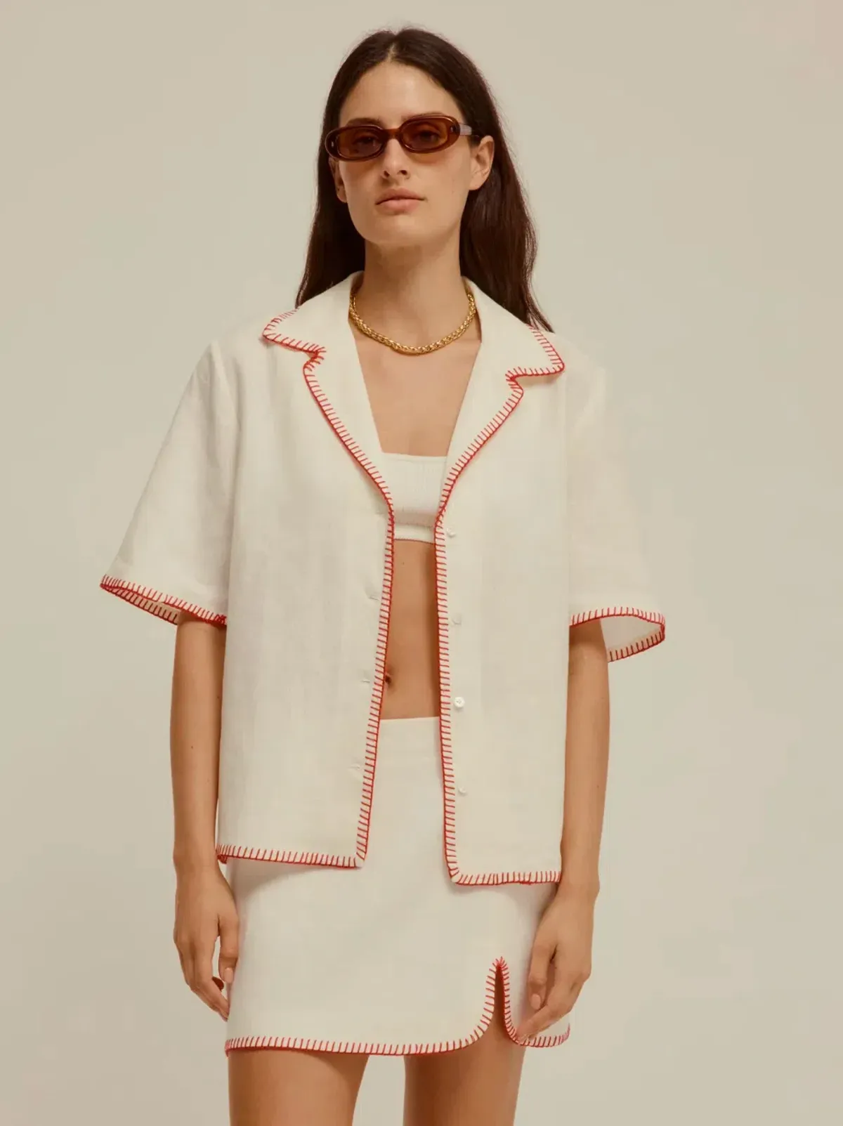 Venroy Blanket Stitch Linen Shirt & Skirt Set Pearl White Size 8 - Image 1