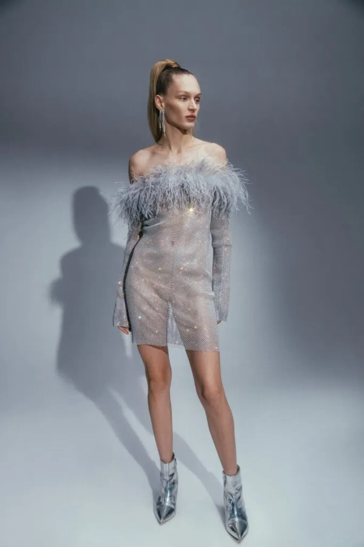 Santa Brands Sparkle Grey Mini Feather Dress Silver Grey Size S / AU 8 - Image 2