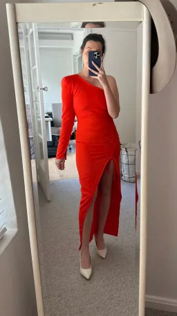 By Johnny Serefina Asymmetric Gather Midi Dress Scarlet Red Size 8 for rent on The Volte - image 4