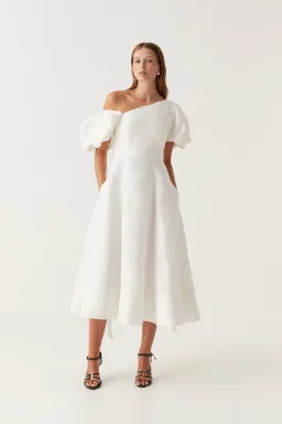 Aje Arista Tulip Midi Dress Ivory Size AU 8 for rent on The Volte - image 1